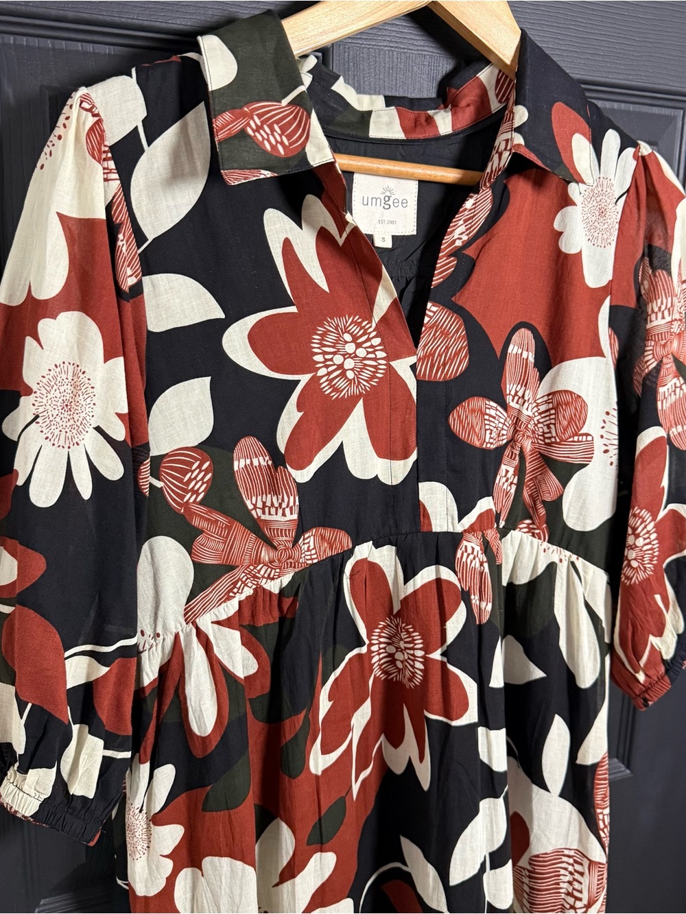 Umgee Brown, Black & Cream Floral Midi Shirt Dress - Picture 3 of 8
